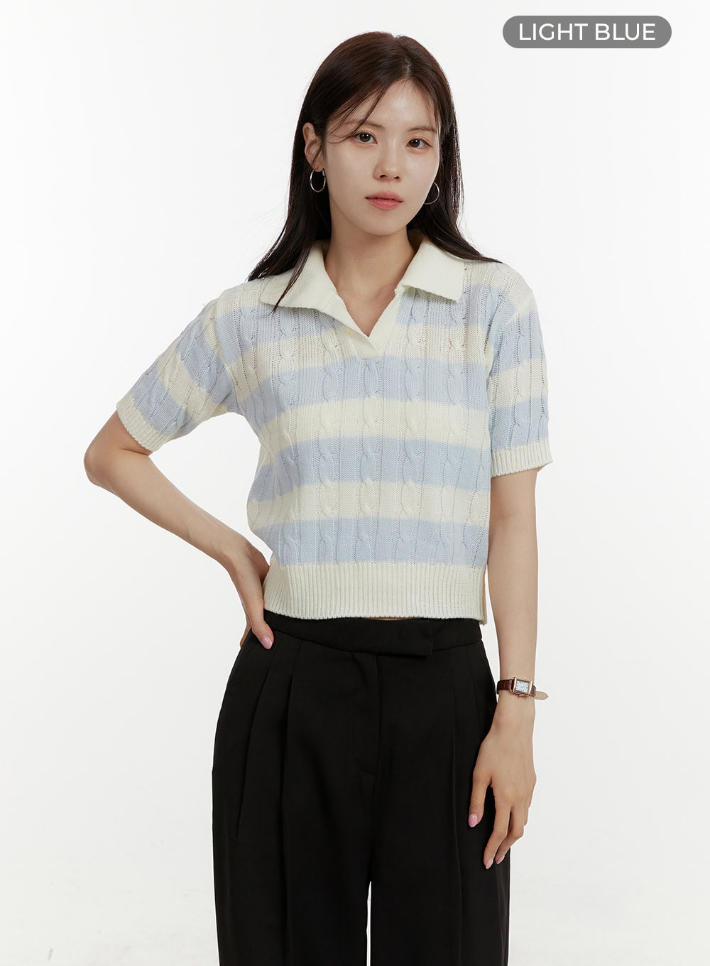 collar-stripe-cable-knit-top-oy409 / Light blue