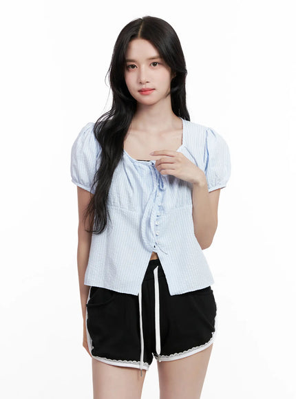 striped-puff-sleeve-ribbon-top-cl516 / Light blue