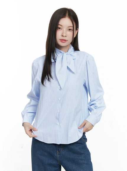 Striped Puff Sleeve Tie Blouse CO506
