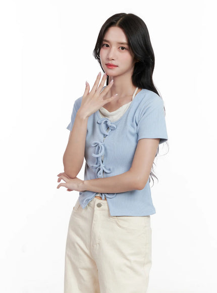 ribbon-tie-short-sleeve-tee-cl516 / Light blue