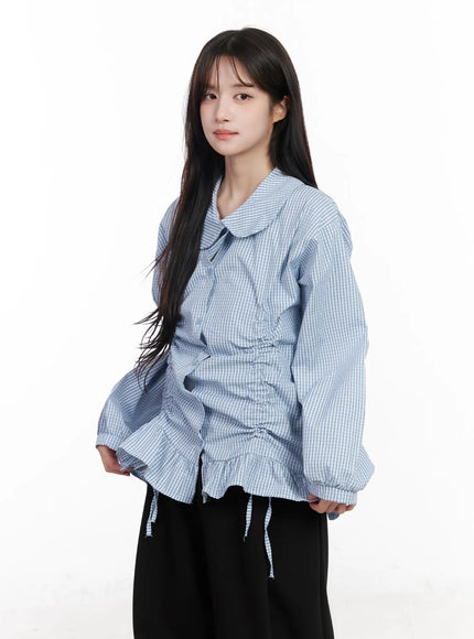 oversized-checkered-drawstring-shirt-cm531 / Light blue