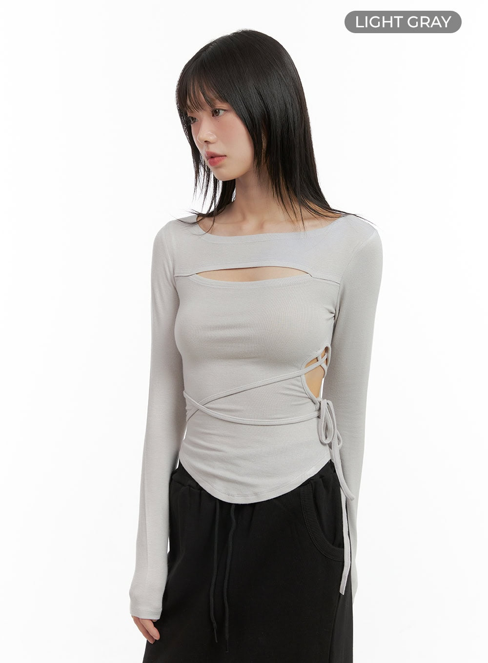 cut-out-tie-long-sleeve-crop-tee-cg426 / Light gray