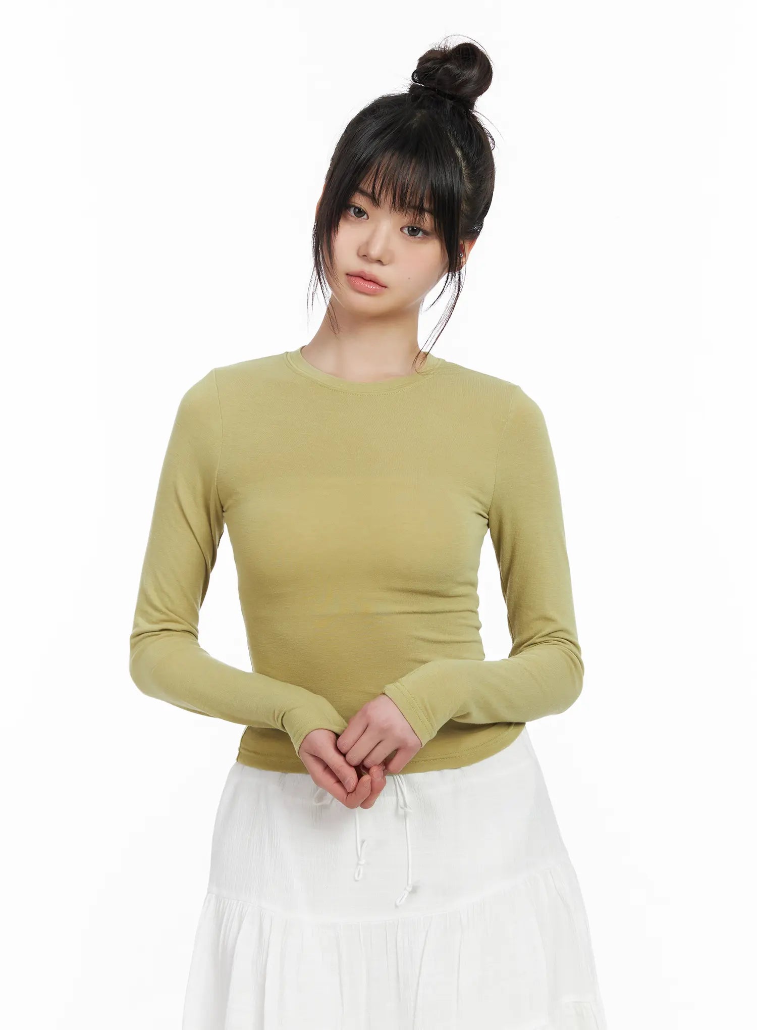 basic-round-neck-crop-long-sleeve-tee-cm512 / Light green