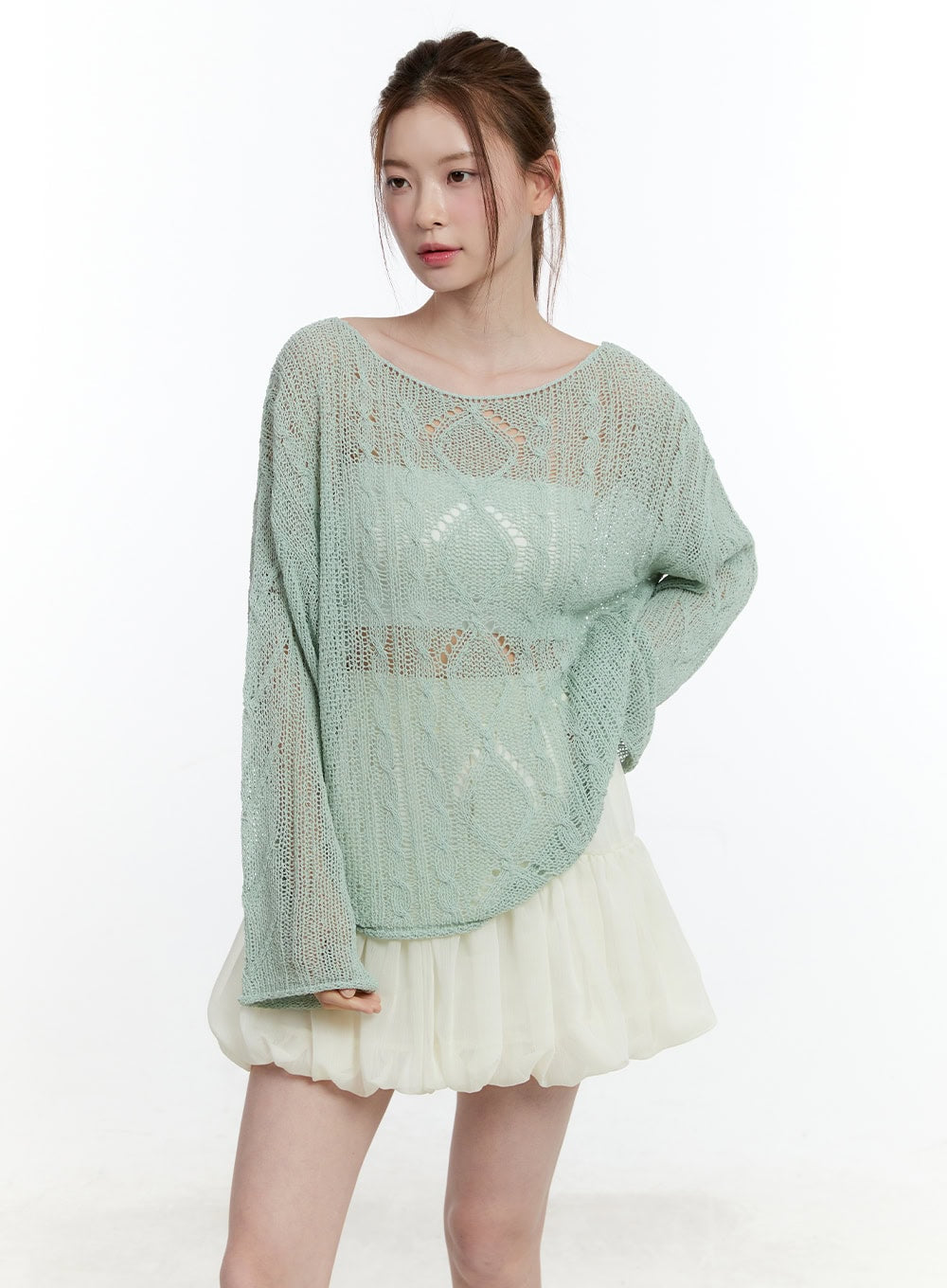 cable-knit-sheer-loose-fit-sweater-cm521 / Light green