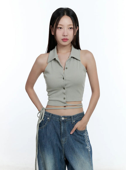 asymmetric-buttoned-collared-tank-top-cu527 / Light green