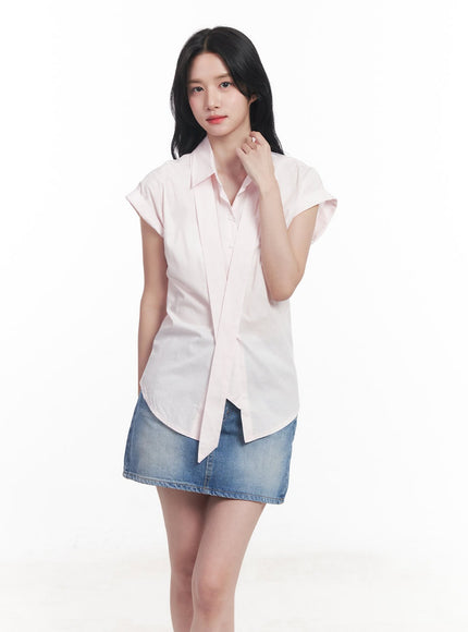 collared-blouse-top-neck-tie-set-cy523 / Light pink