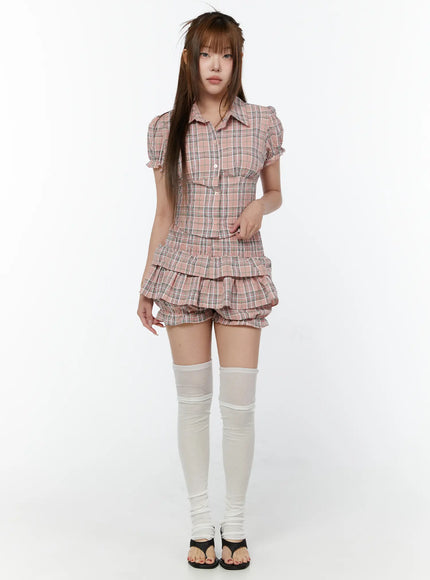 check-puff-sleeve-crop-blouse-cy518 / Light pink