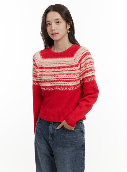 round-neck-nordic-print-sweater-on429 / Red