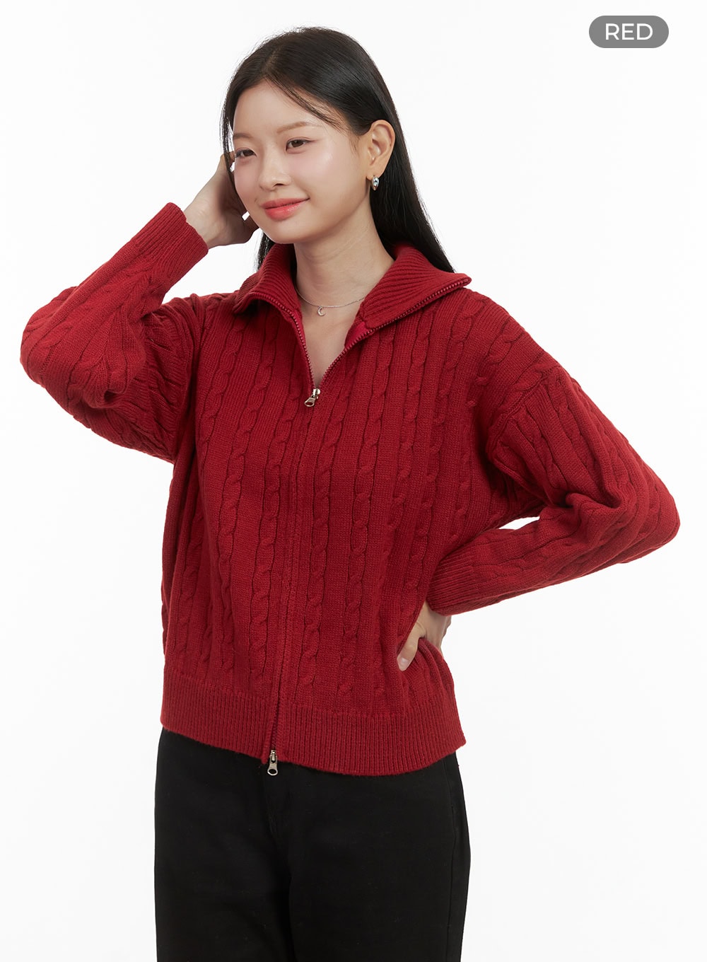 snugfit-cable-zip-up-sweater-os411 / Red