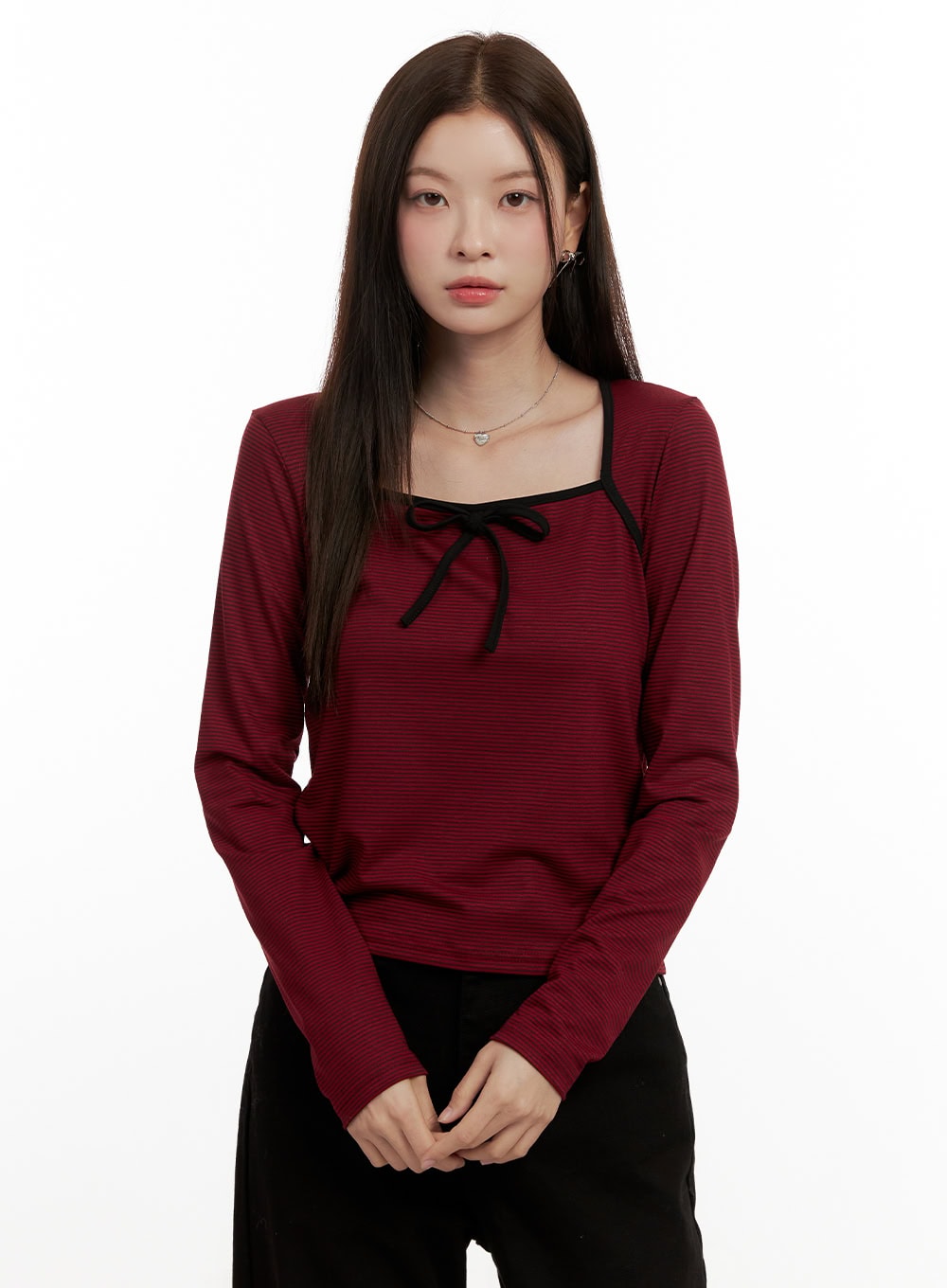 ribbon-stripe-square-neck-topon422 / Red