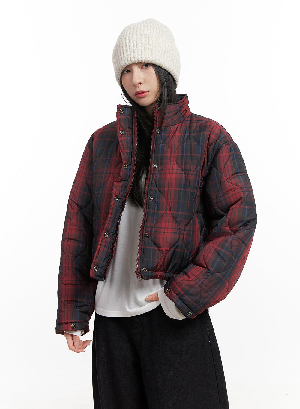 checkered-buttoned-puffer-jacket-cn426 / Red