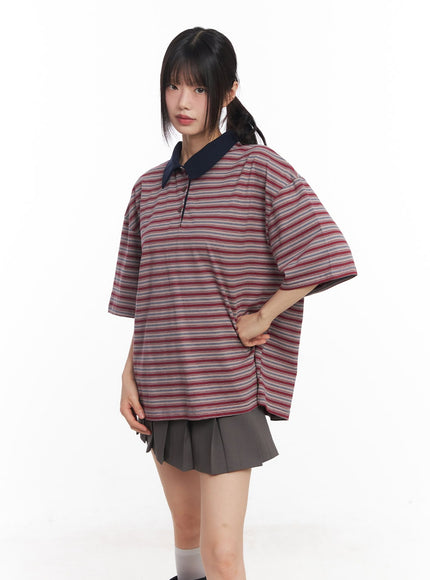 oversized-striped-short-sleeve-polo-shirt-cy514 / Red