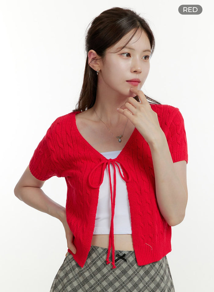 v-neck-short-sleeve-cardigan-ou427 / Red
