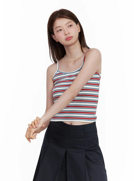 multi-colored-striped-ribbed-tank / Red