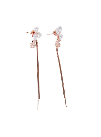 heart-faux-pearl-clover-drop-earrings-cg514 / Rose gold
