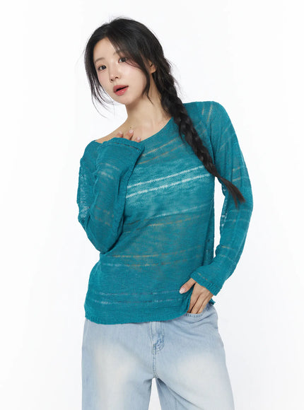 sheer-stripe-knit-top-cy522 / Sea green