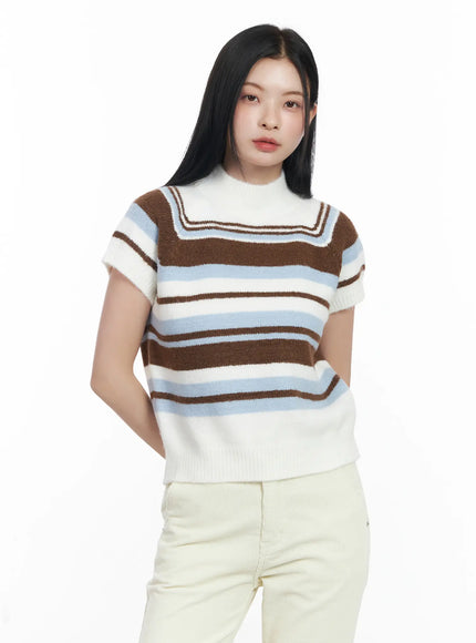 striped-turtleneck-short-sleeve-knit-top-cj520 / White