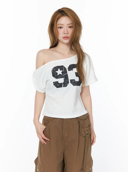 off-shoulder-graphic-waffle-tee-cy506 / White