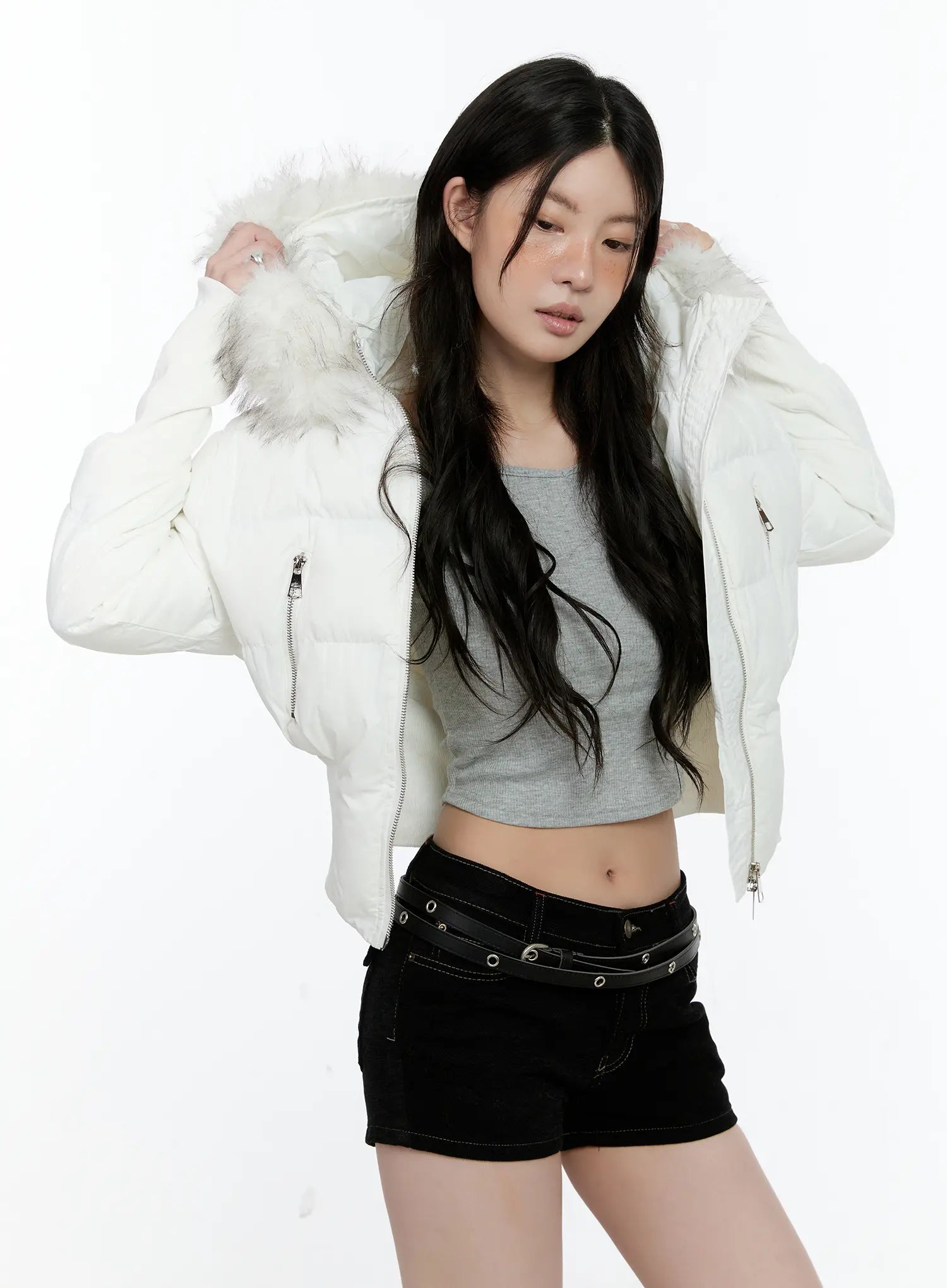 Cropped Faux-Fur Hood Puffer Jacket CN517