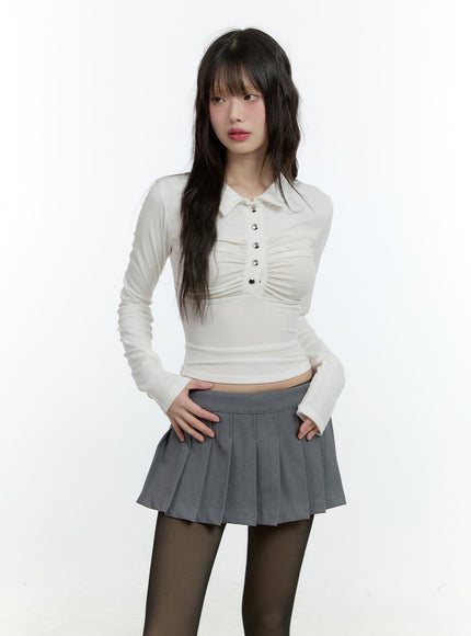 shirring-long-sleeve-collared-crop-top-cf507 / White
