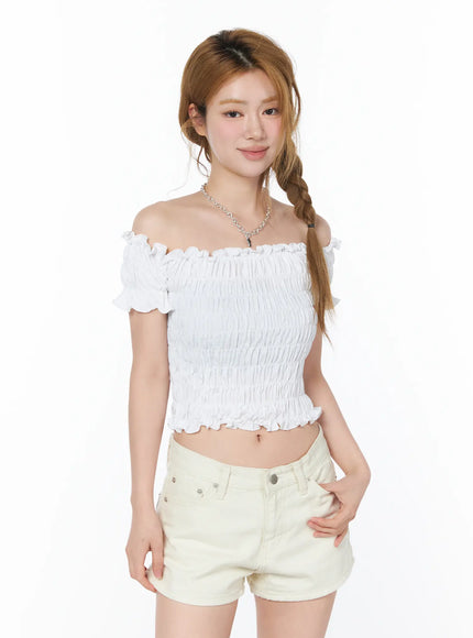 off-shoulder-ruffle-crop-top-cy506 / White