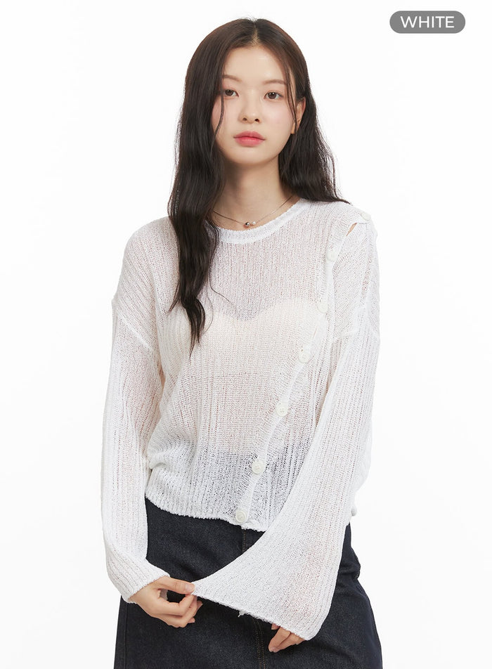 unbalanced-buttoned-hollow-out-sweater-oy421 / White