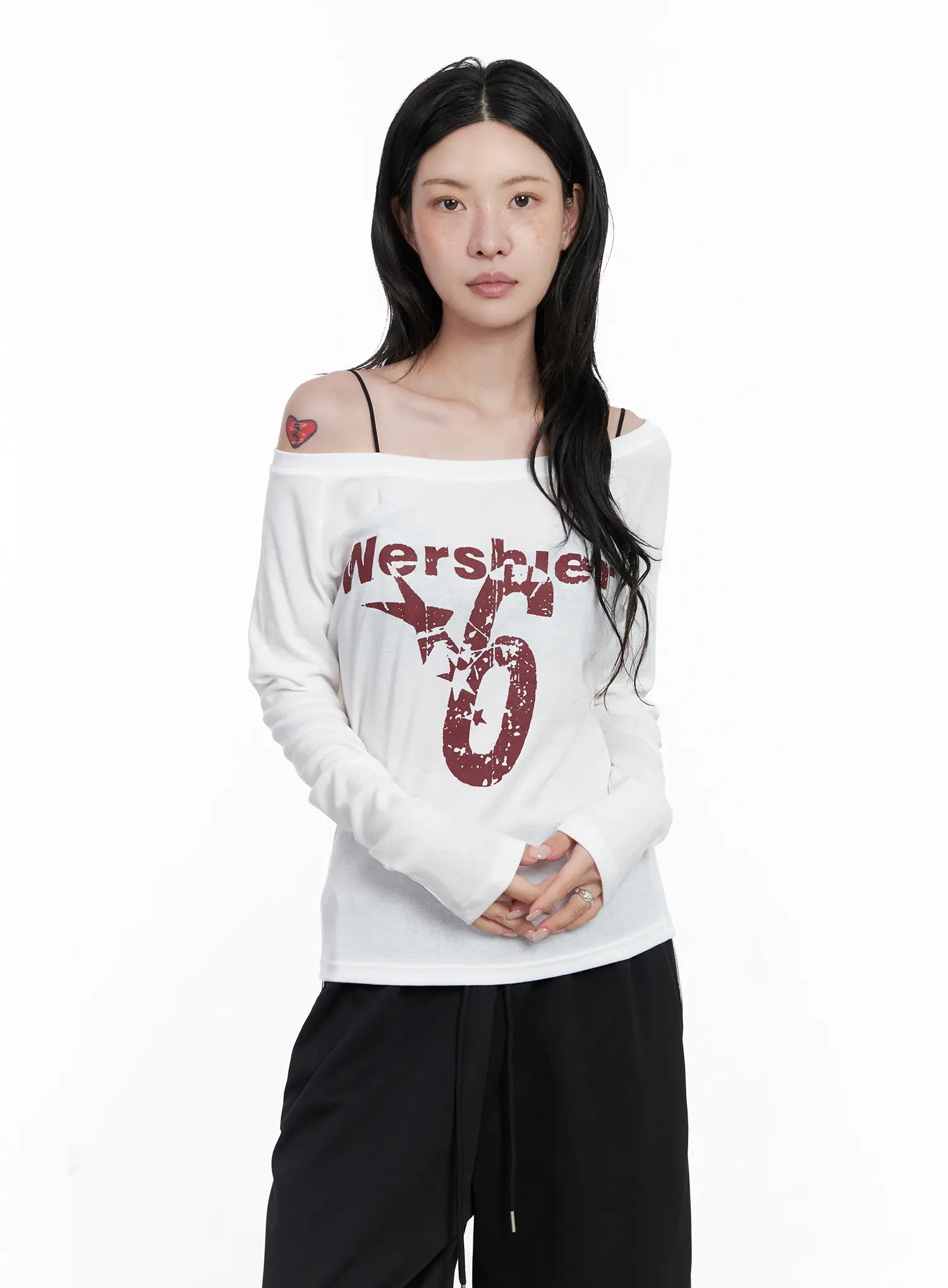 Graphic Off-Shoulder Long Sleeve Shirt CS529