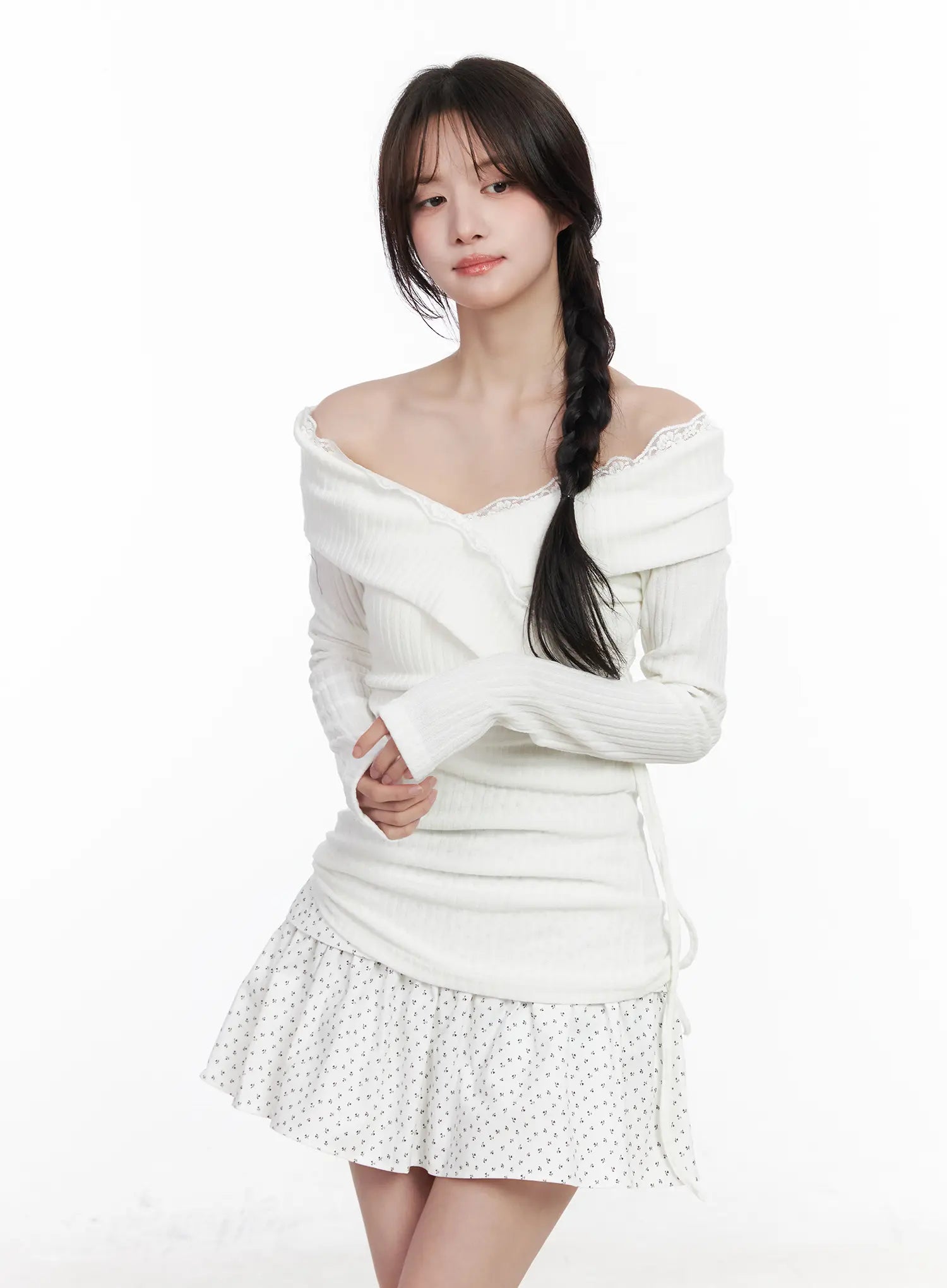 lace-off-shoulder-ribbed-top-cm527 / White