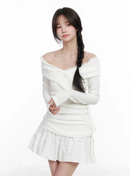lace-off-shoulder-ribbed-top-cm527 / White