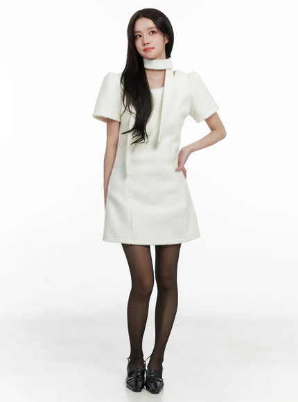 textured-mini-dress-and-scarf-set-cn526 / White