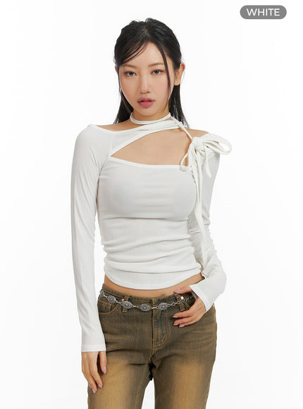 solid-asymmetrical-neck-cut-out-long-sleeve-top-cm411 / White