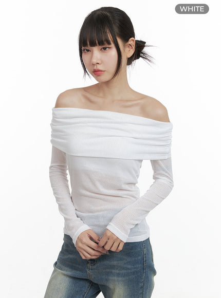 ribbed-off-shoulder-slim-fit-tshirt-oo401 / White