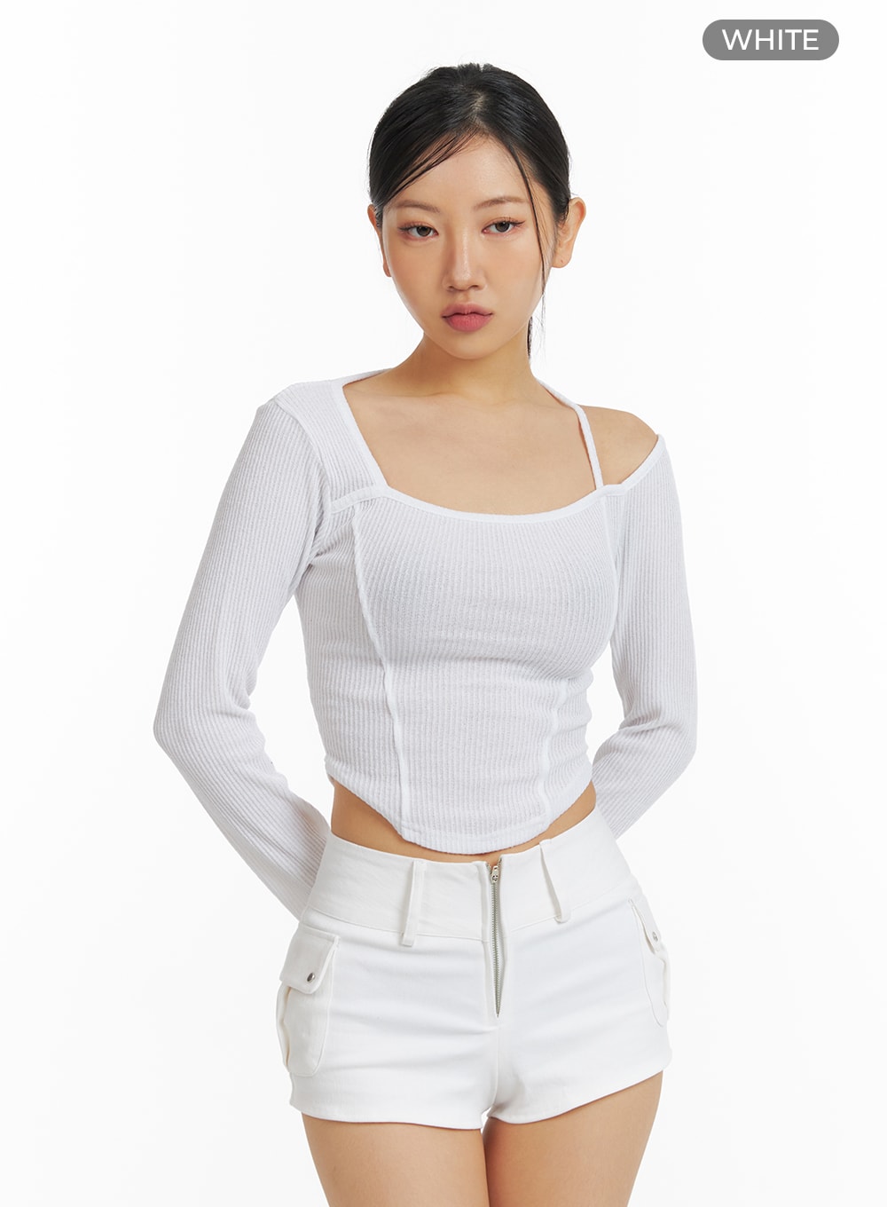 solid-knit-asymmetrical-long-sleeve-top-cf416 / White