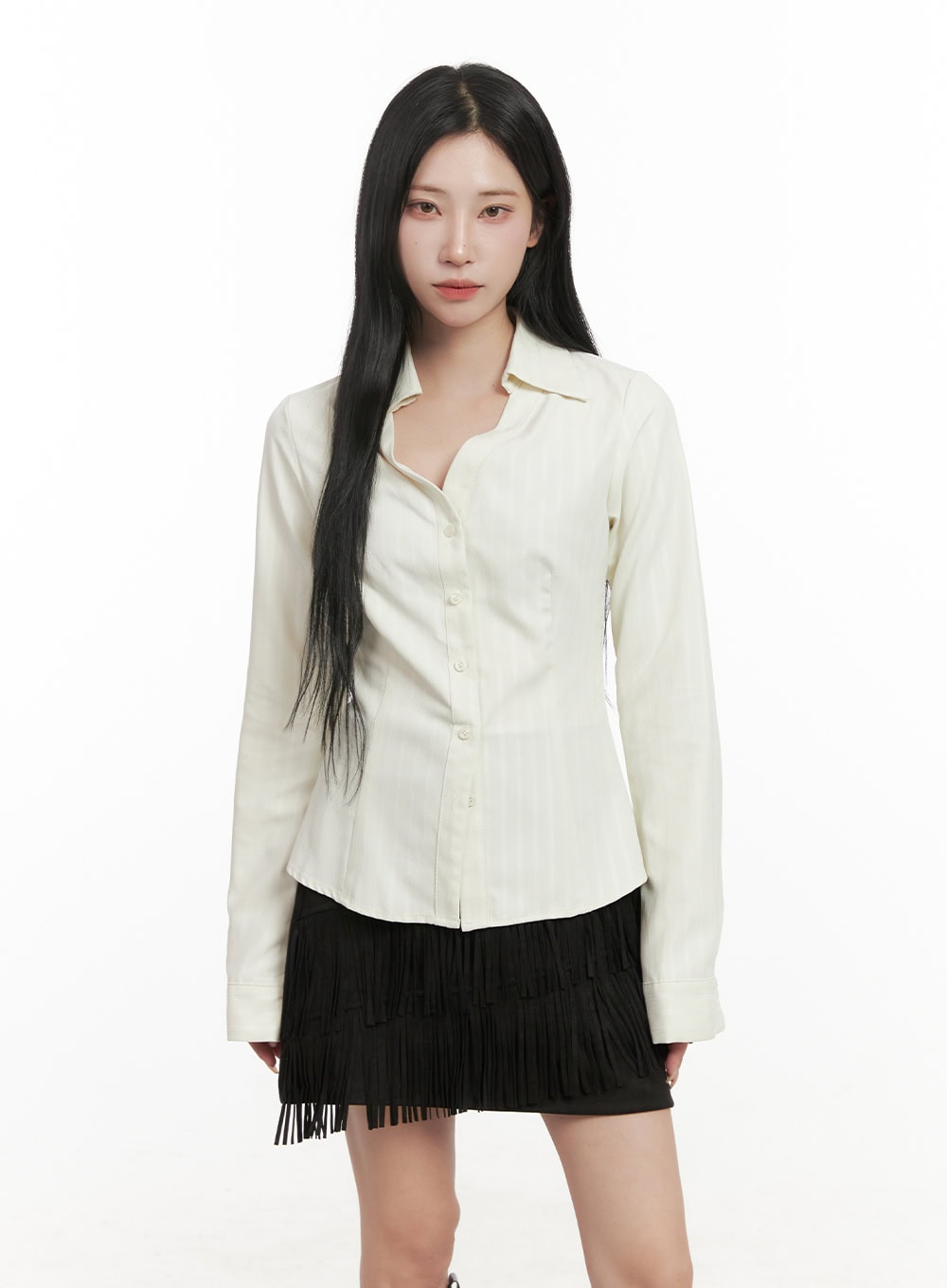 striped-collared-buttoned-blouse-cd409 / White