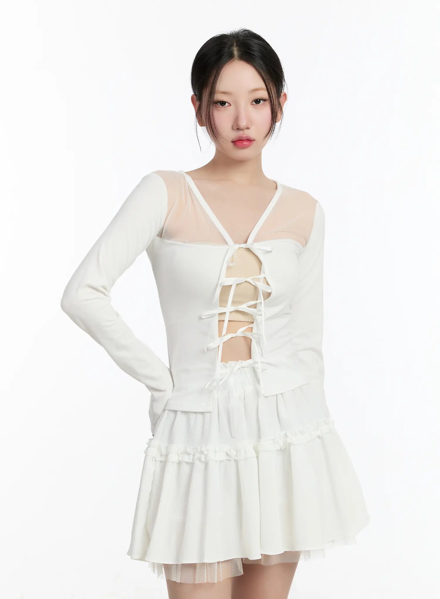 sheer-ribbon-mesh-cardigan-cm511 / White