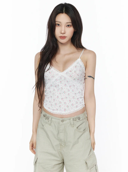 floral-lace-trim-v-neck-cami-tank-cu503 / White