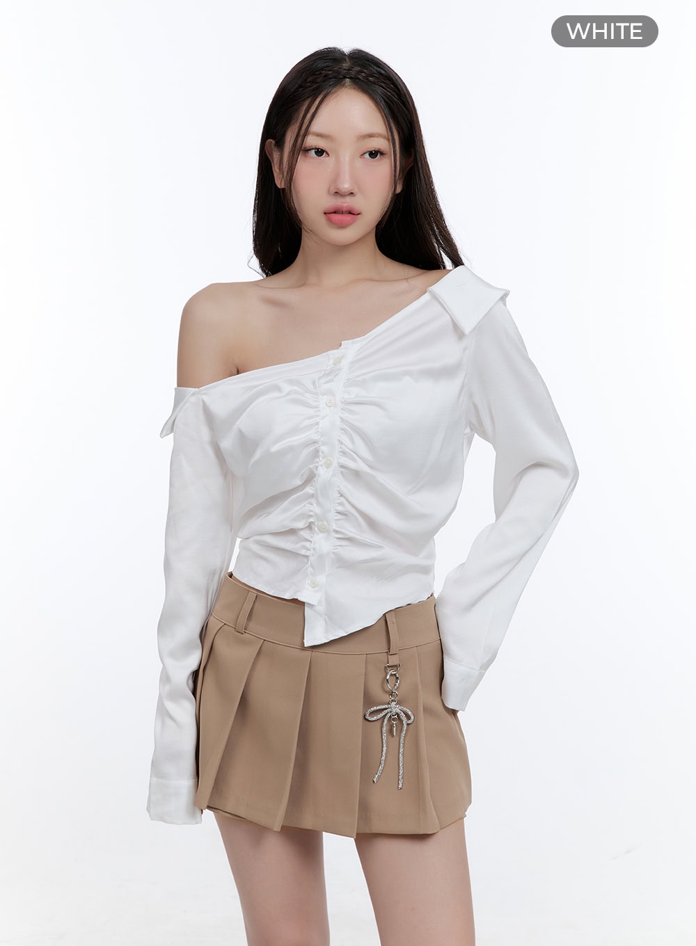 shirred-satin-one-shoulder-crop-top-cg413 / White