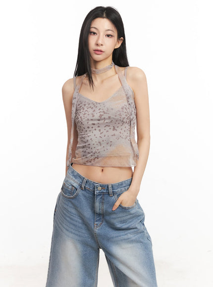 leopard-mesh-crop-cami-top-with-scarf-ca516 / Beige