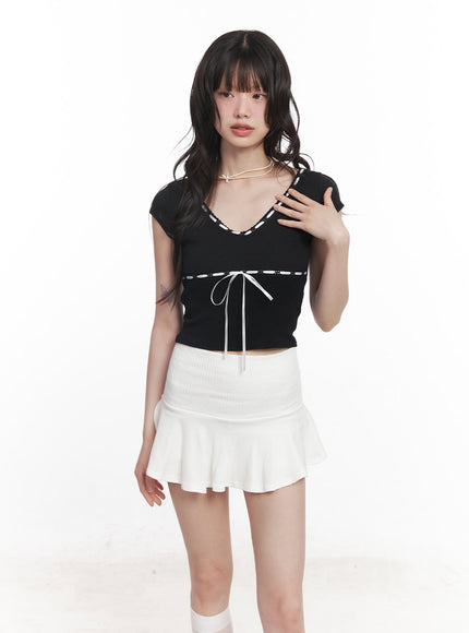 ribbon-v-neck-crop-t-shirt-cy520 / Black