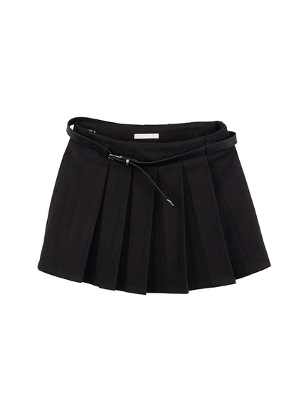 belted-pleated-mini-skirt-cn407 / Black