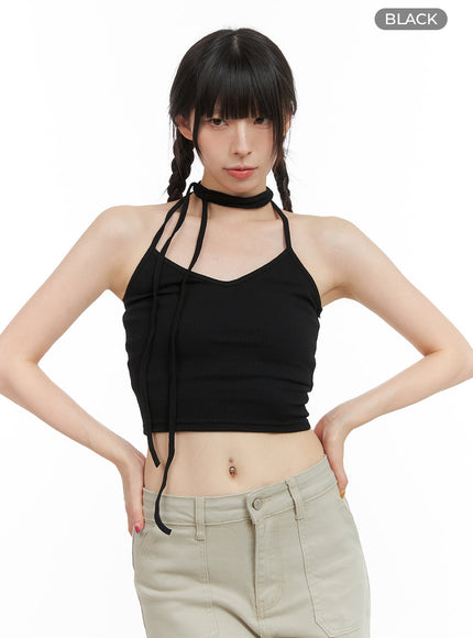 tie-neck-crop-sleeveless-top-cg408 / Black