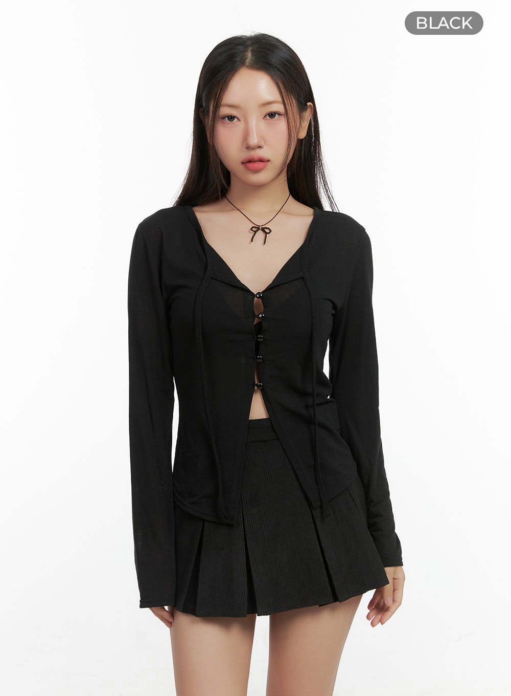 string-detail-long-sleeve-button-top-co417 / Black