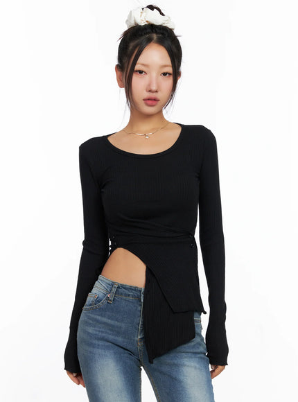 Ribbed U-Neck Button Detail Long Sleeve Top CO514