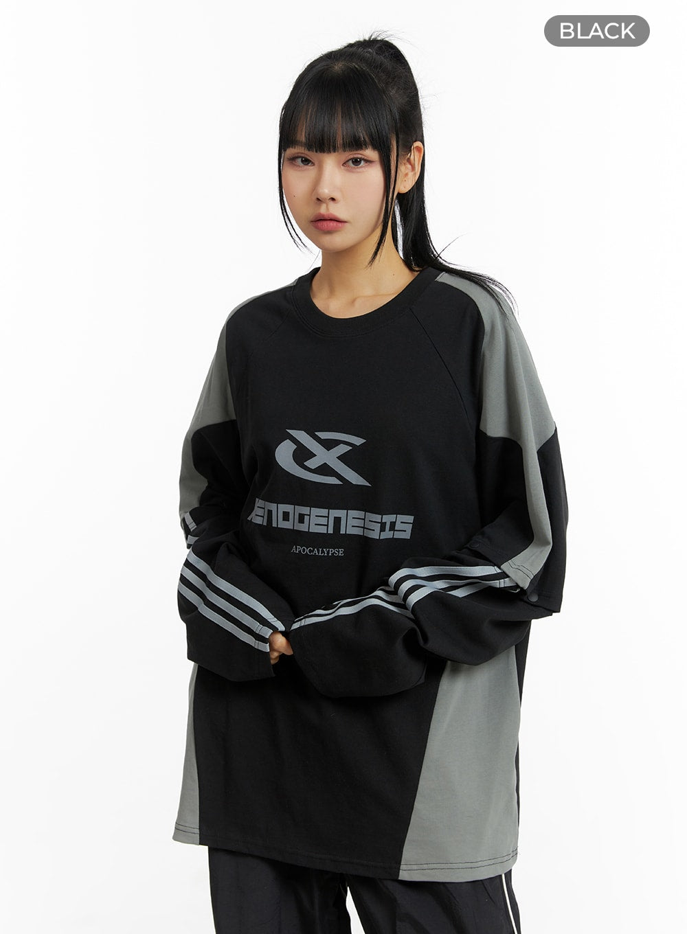 sporty-two-tone-oversized-sweatshirt-cm407 / Black