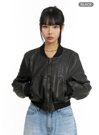 faux-leather-stand-collar-vintage-jacket-cm407 / Black