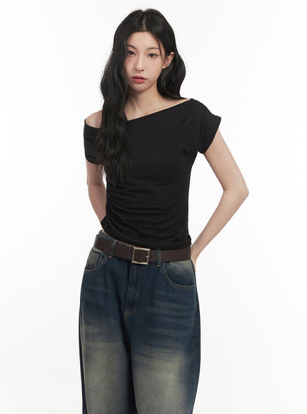 one-shoulder-shirring-crop-top-cf513 / Black