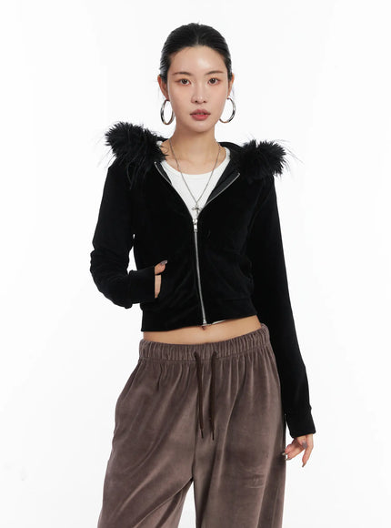 velvet-zip-up-fur-hoodie-cd508 / Black