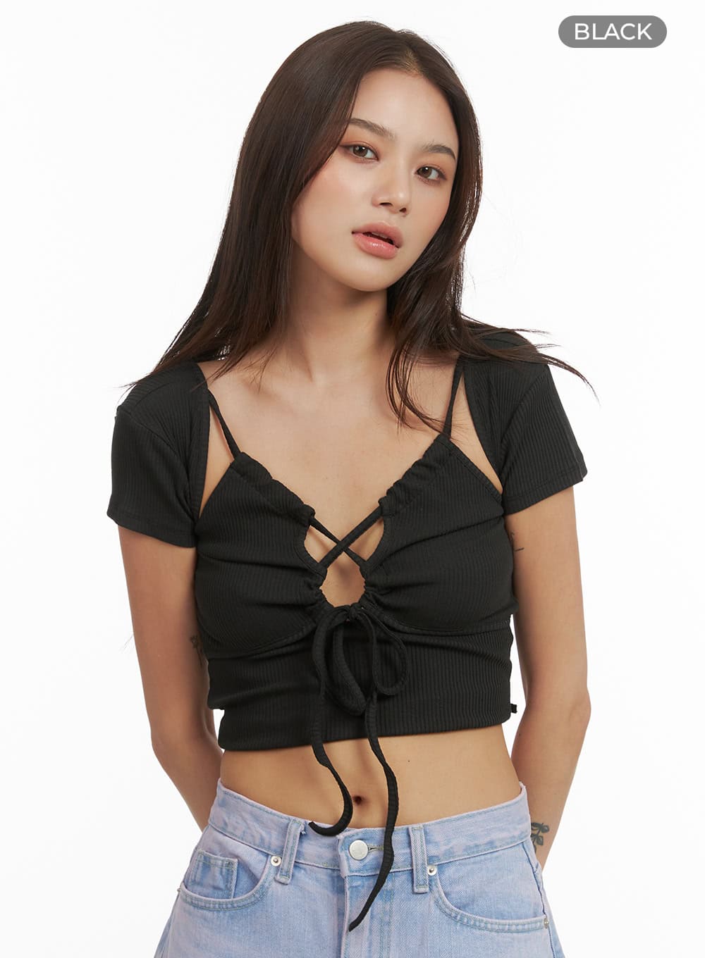 cut-out-short-sleeve-crop-top-cy424 / Black