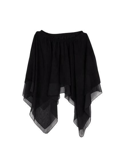 asymmetric-flare-chiffon-midi-skirt-cj523 / Black