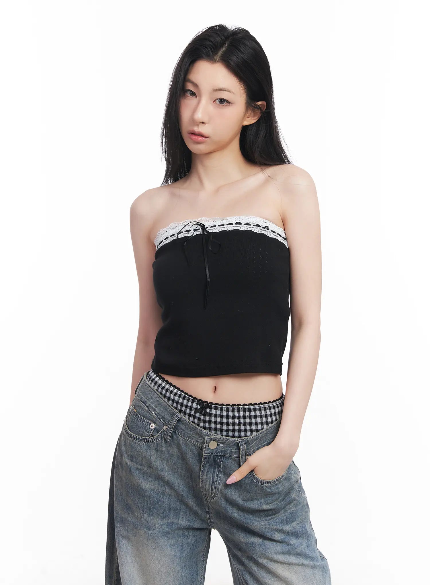 lace-ribbon-tube-top-cu510 / Black